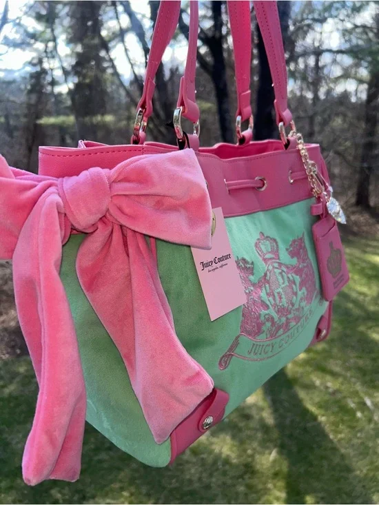 NEW! NWT JUICY COUTURE Daydreamer Scottie Dogs Velour Tote Retro Green/Pink - Picture 2 of 9